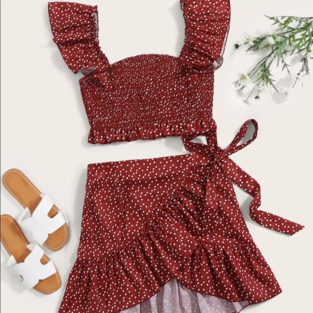 NWOT two piece set SHEIN heart smocked top wrap skirt set